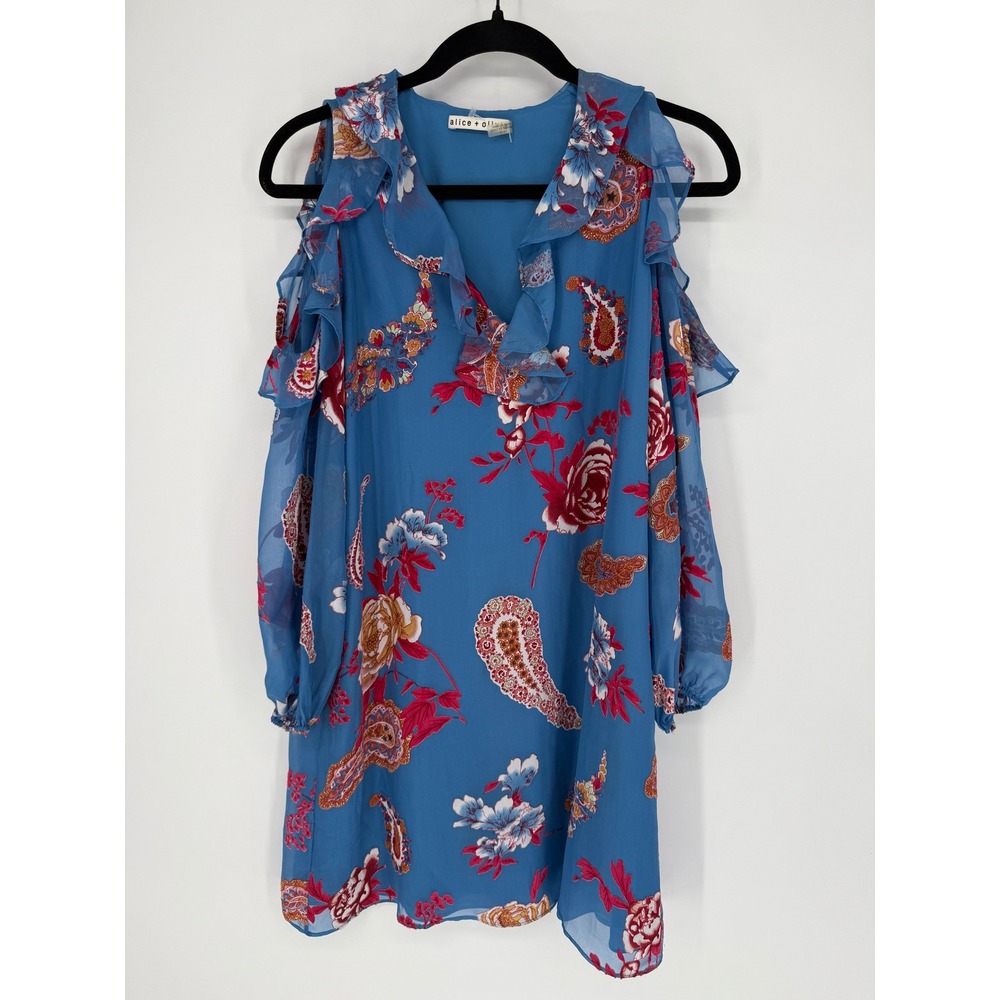 ALICE + OLIVIA GIOVANNA COLD SHOULDER COCKTAIL DRESS BLUE FLORAL PAISLEY SILK XS